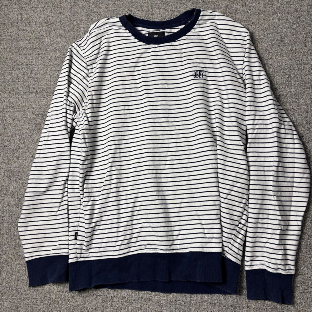 Obey Sweater Shirt Mens L Striped White Navy Blue Logo Skater Streetwear